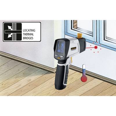 Een infrarood-thermometer meet de temperatuur van een vensterraam om warmtebruggen te detecteren, zoals beschreven in het bord 'LOCATING THERMAL BRIDGES'.