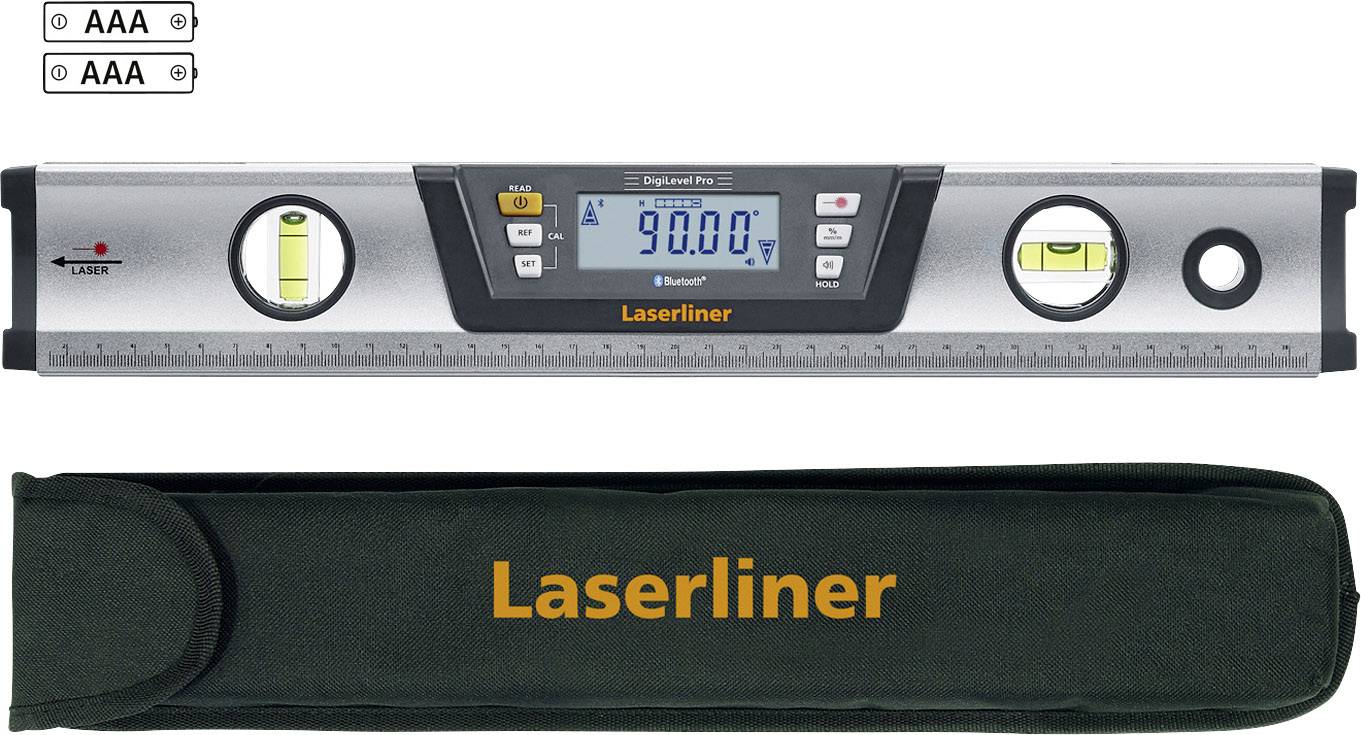 Digitale hoekmeter met laserfunctie, LCD-display toont '90.0°', twee waterpassen, batterijvak, inclusief draagtas met 'Laserliner'-logo.