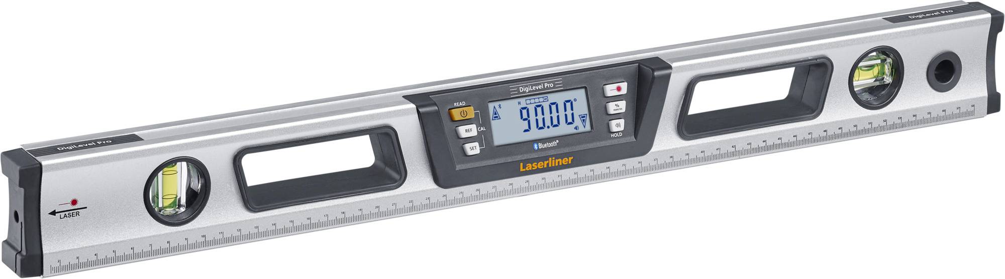 Digitale waterpas met aanduiding in het midden. Weergave is '0.00°', knoppen en libellen zichtbaar, zilverkluis behuizing.