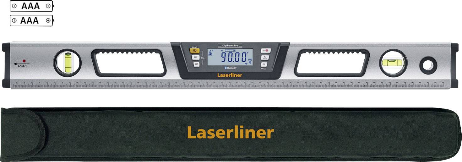 Digitale waterpas met lcd-scherm; toont '90.0°'. Zilverkluis met gele libellen. Gemarkeerd als 'Laserliner'. Inclusief beschermhoes.