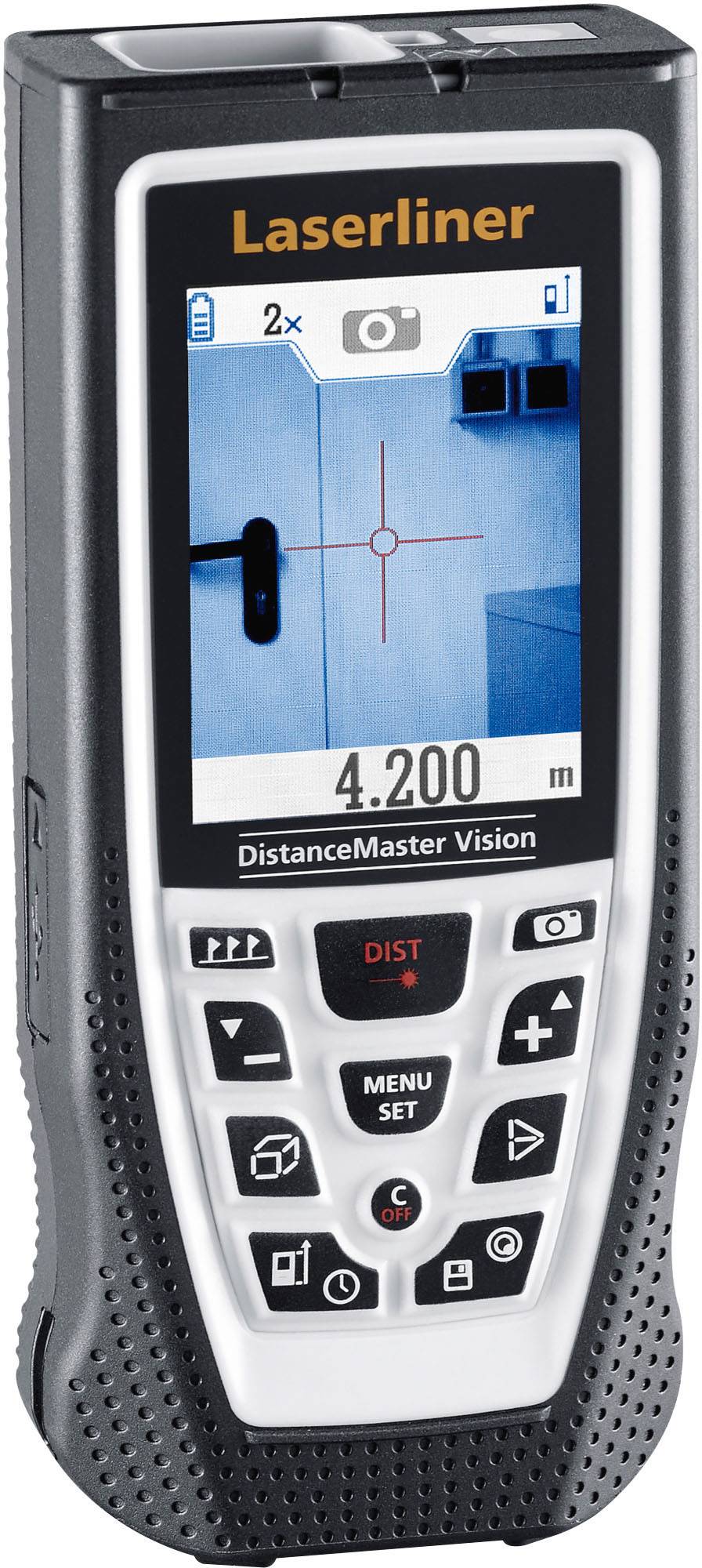 Een laser-afstandsmeter met display toont een meting van 4,200 meter. Het apparaat heeft meerdere bedieningstoetsen.