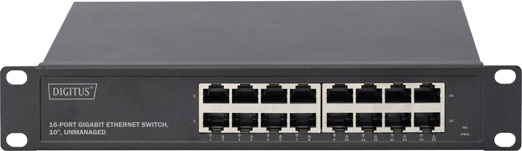 Een 16-poorts Gigabit Ethernet Switch, onbeheerd, 10 inch, van het merk Digitus. Vooraanzicht met zichtbare netwerkaansluitingen.