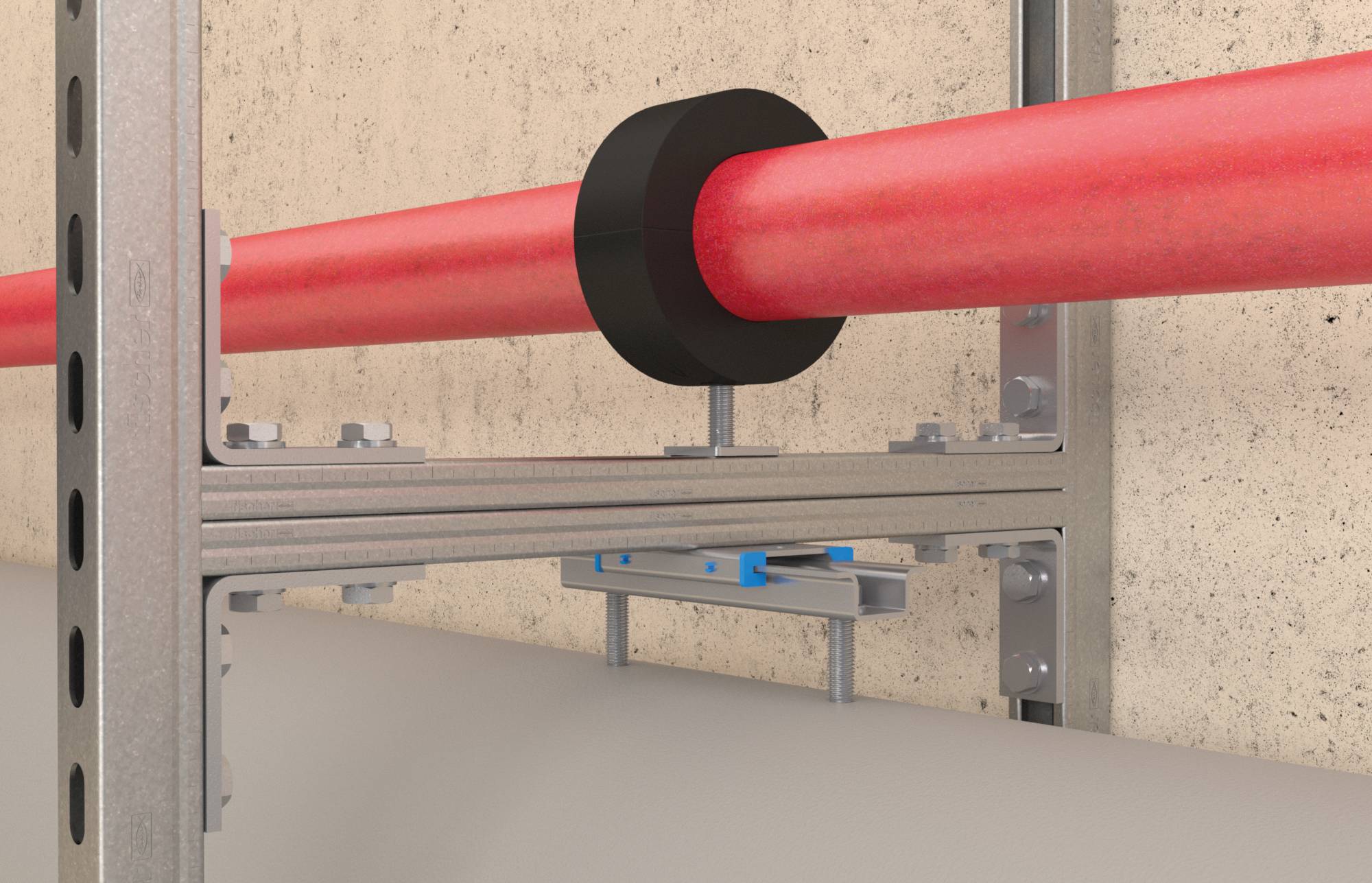Rode brandweersproeier-pijp die door een zwarte brandstopkraag in een muuropening loopt, met een afgewerkte pijpdoorganging detail.