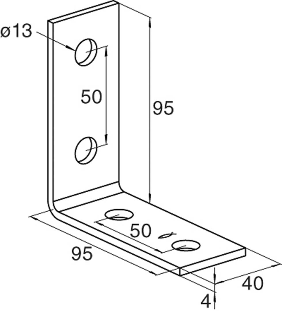 Technische tekening van een metalen hoek met de afmetingen: 95 mm hoogte, 40 mm basis, boorgaten met een diameter van 13 mm op een onderlinge afstand van 50 mm.