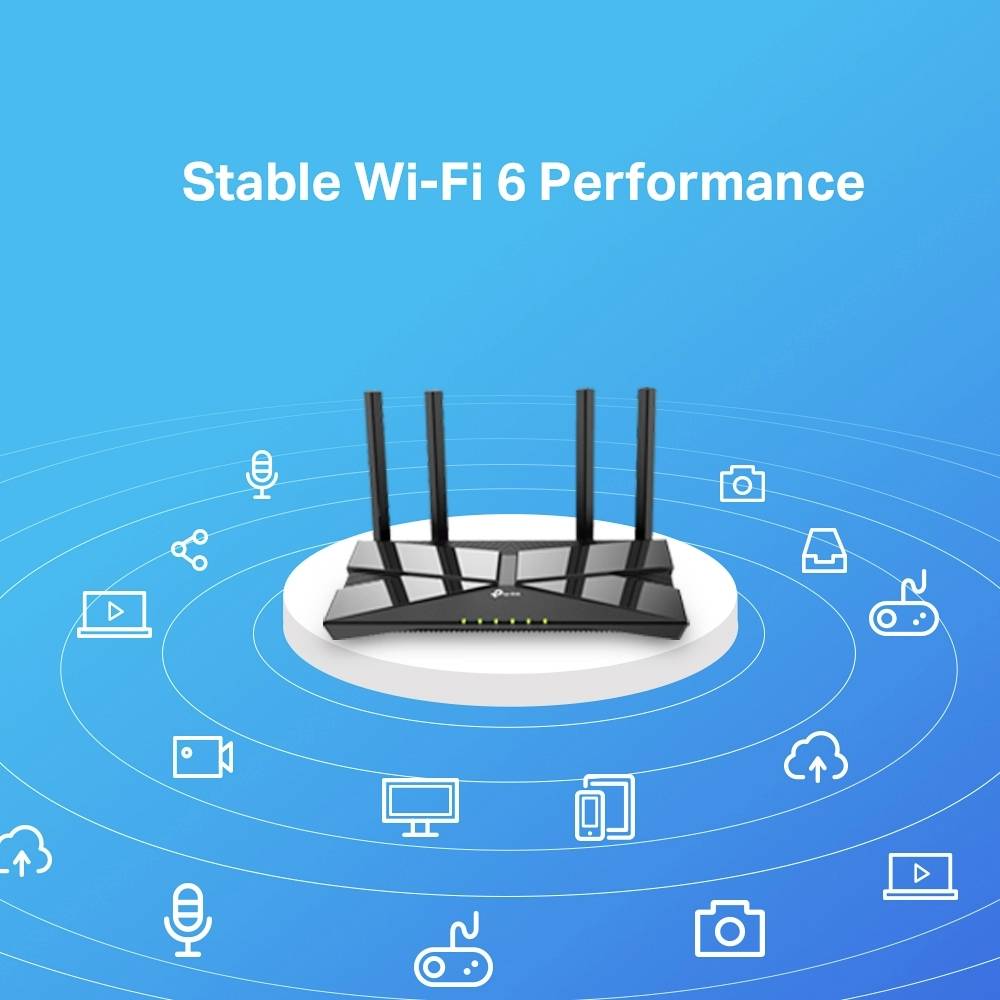 Een router met vijf antennes staat centraal. Daaromheen symbolen voor wifi, audio en apparaten; tekst: 'Stabiele Wi-Fi 6 Prestaties'.