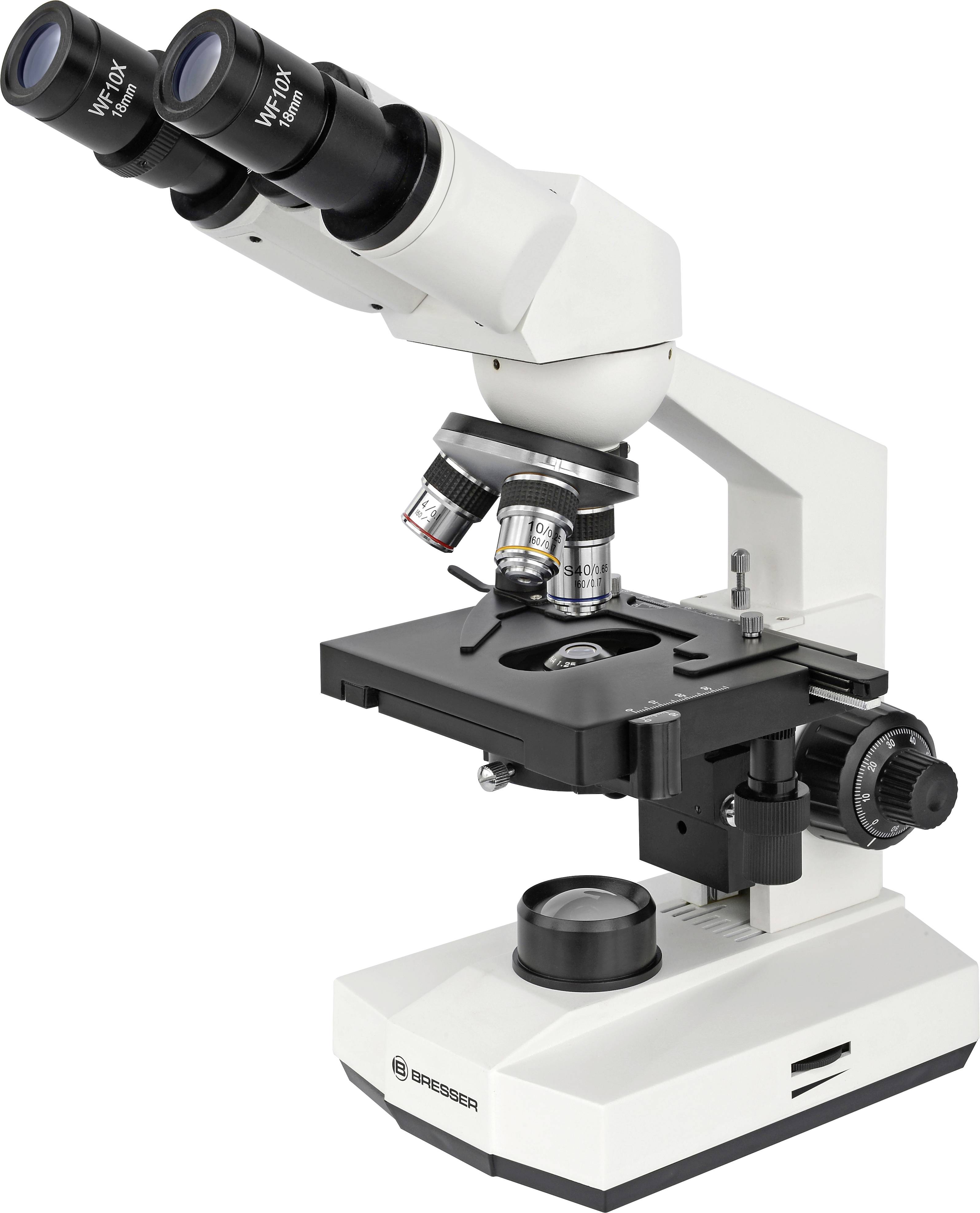 Microscoop met twee oculairen en meerdere objectieflenzen, geschikt voor wetenschappelijk onderzoek en laboratoriumexperimenten.