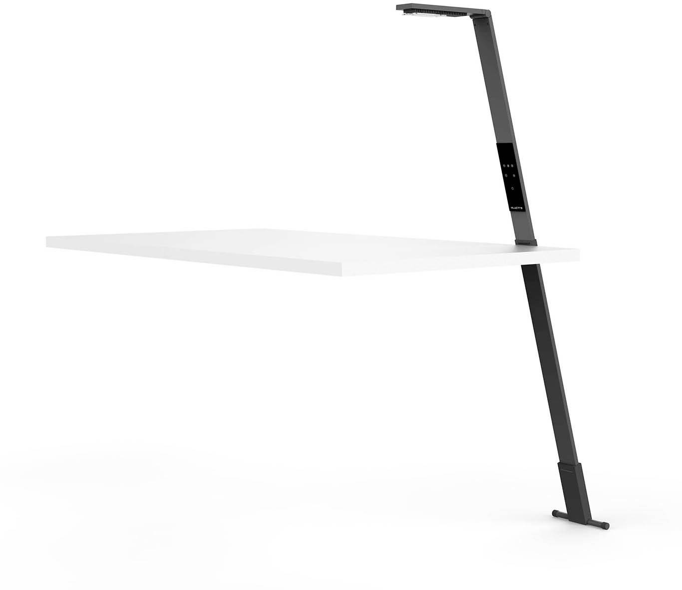 Een zwevende, witte tafel met een zwarte, diagonale steunarm. Elegant, modern design voor kantoor of thuis.