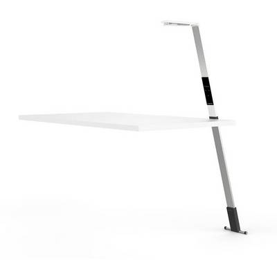 Een moderne bureau met geïntegreerd staande lamp ontwerp, minimalistisch en functioneel van opzet.