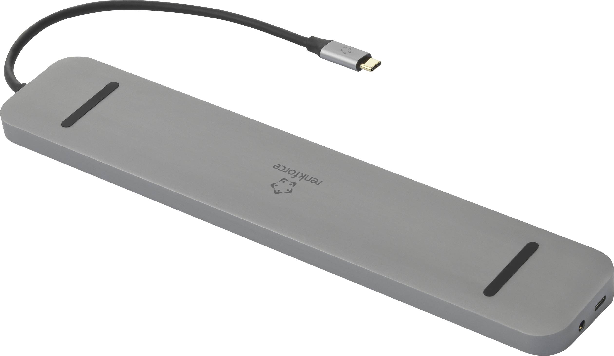 Een grijze, rechthoekige USB-C hub met recycling-symbool, meerdere aansluitingen en een kort aansluitkabel.