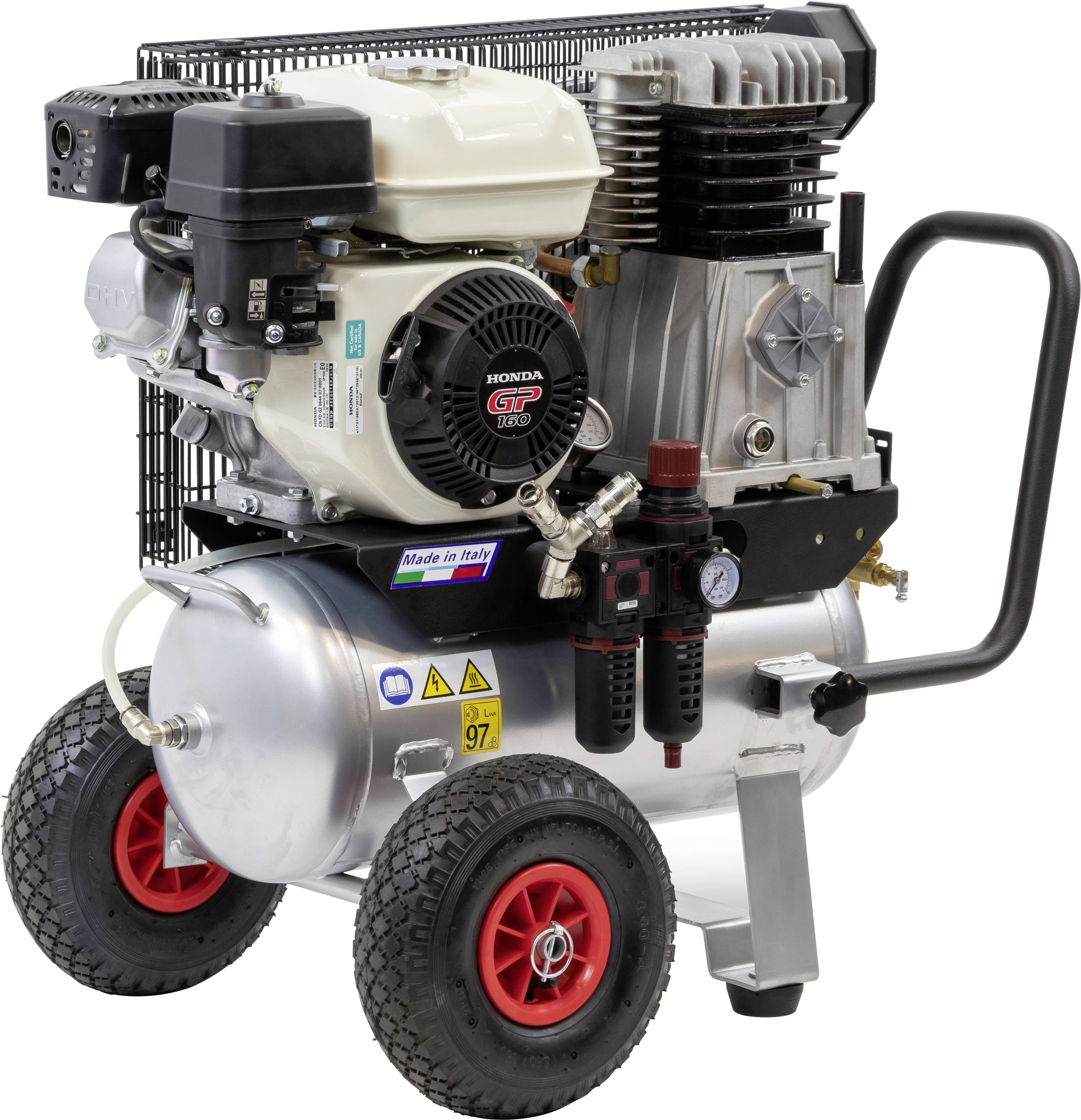 Mobiele luchtcompressor met krachtige motor en twee wielen, geschikt voor gebruik in bedrijf of thuis. Typeplaatje vermeldt 'Made in Italy'.