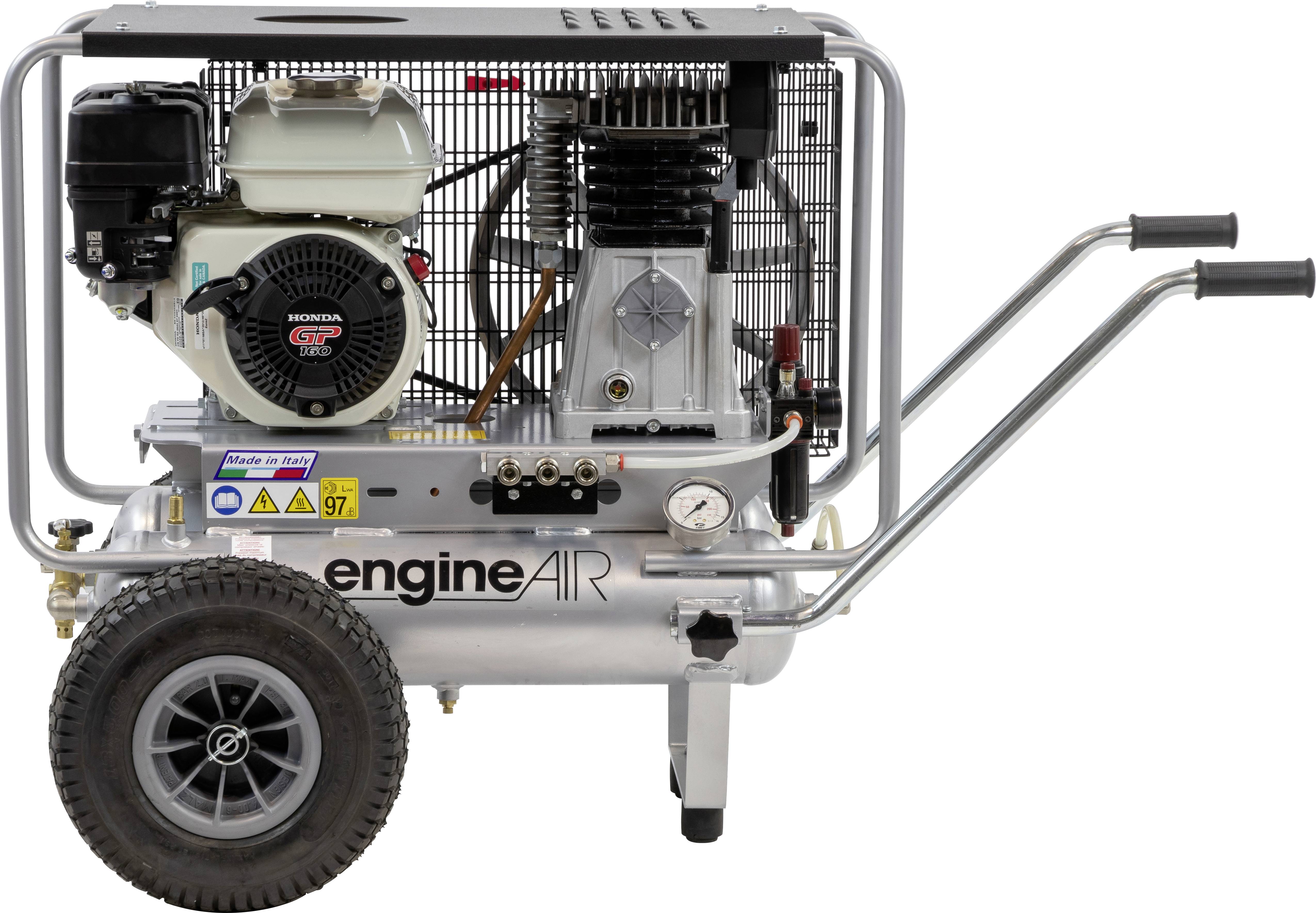 Draagbare compressor met metalen frame, benzinemotor en drukmeter. Geschikt voor mobiel gebruik.
