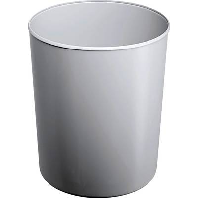 Een grijze metalen vuilnisemmer, cilindrisch van vorm en leeg, staat rechtop.