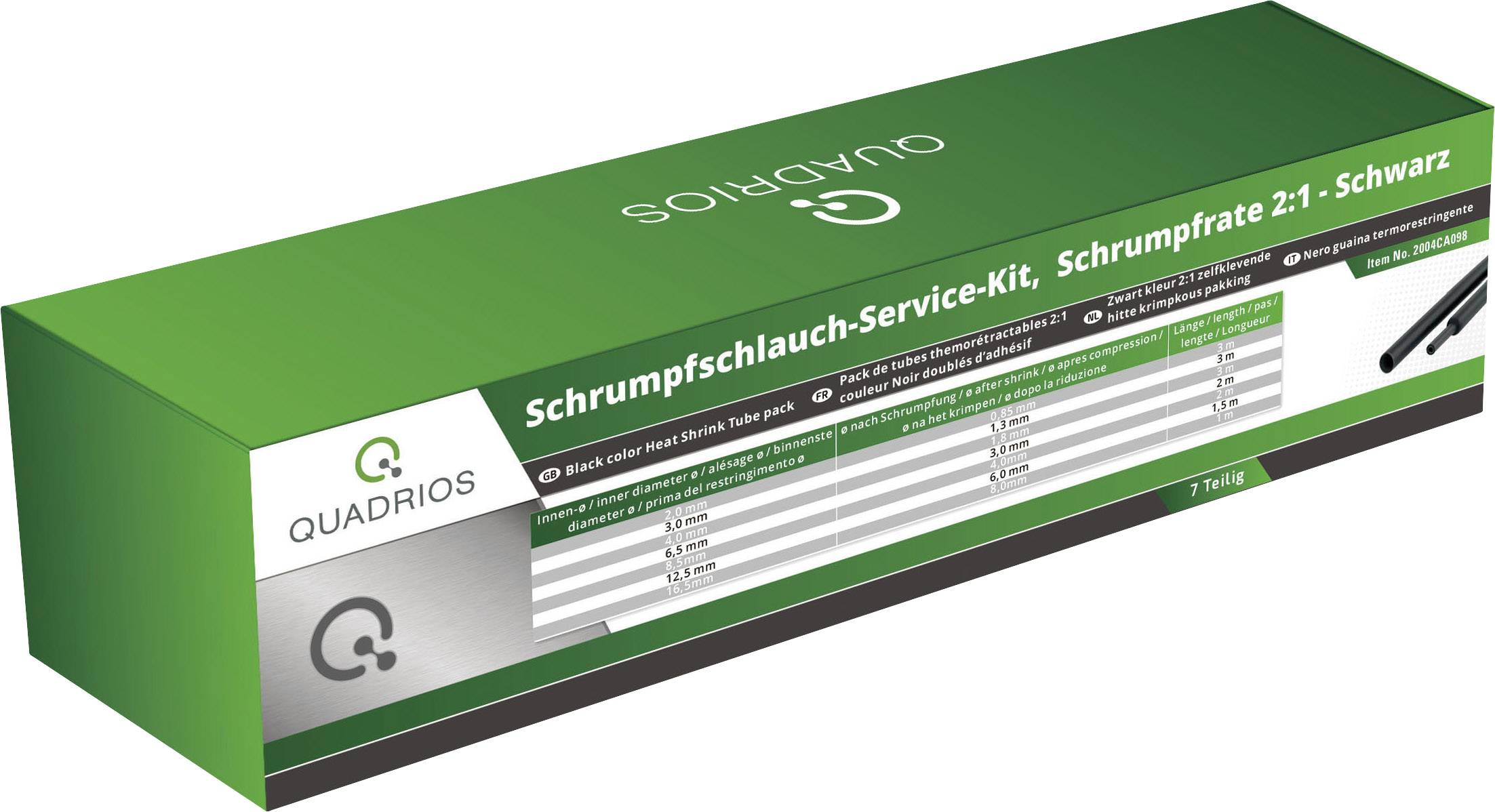 'Quadrio Krimpkous-Service-Kit' verpakking met zwarte krimpkous en maattabel. Bevat tien krimpkousen.