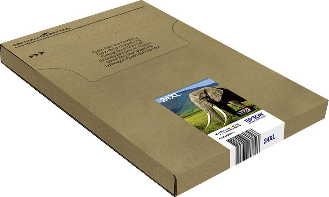 'Kartonnen verpakking met een etiket met een olifantenafbeelding en de tekst '24 XL' alsmede Epson-logo en streepjescode.'