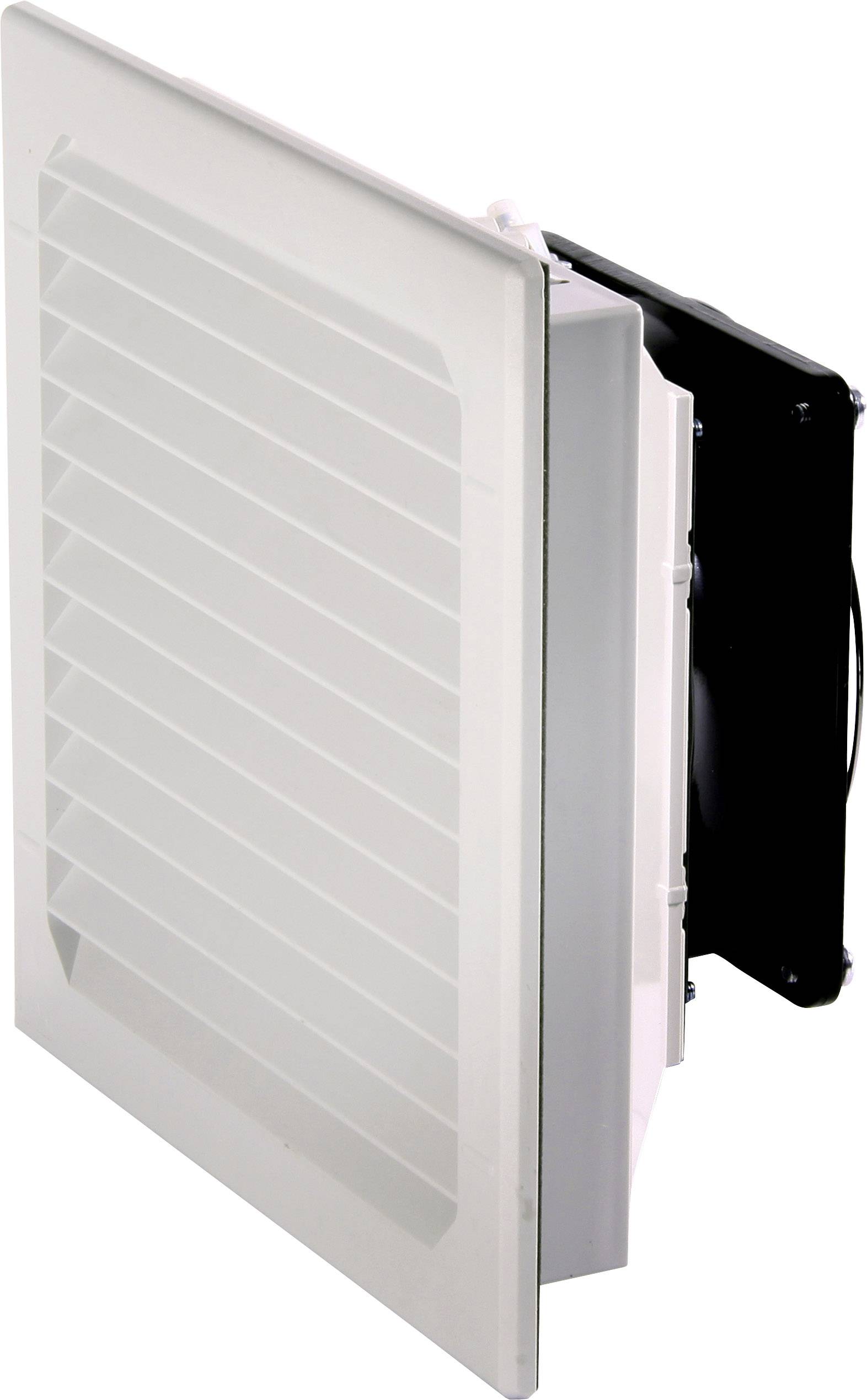 Een rechthoekige, witte ventilatiefilter met horizontale lamellen en een zwarte ventilator aan de zijkant.