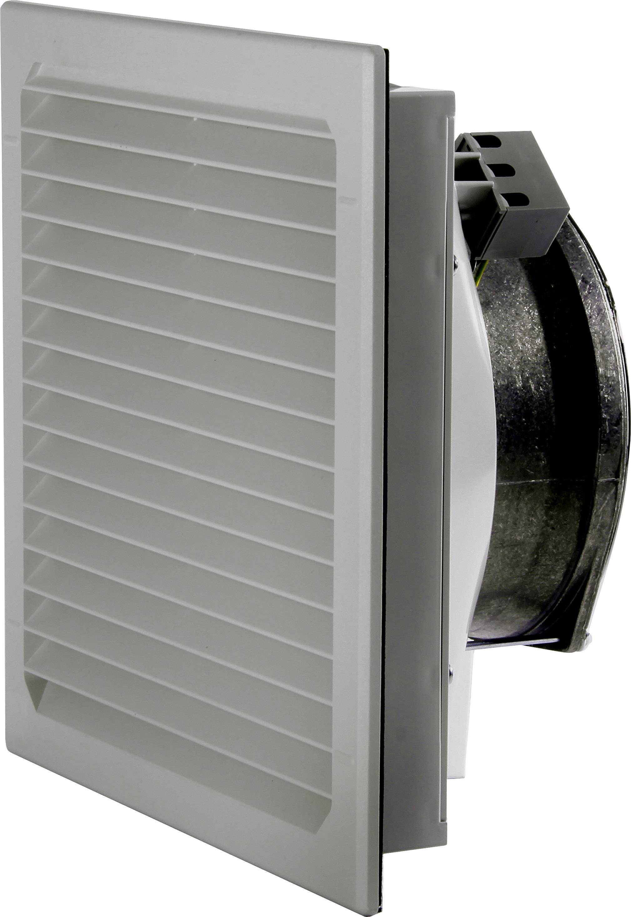 Zijaanzicht van een rechthoekig, grijs ventilatierooster met schuine lamellen, gemonteerd op een zwarte ventilator.