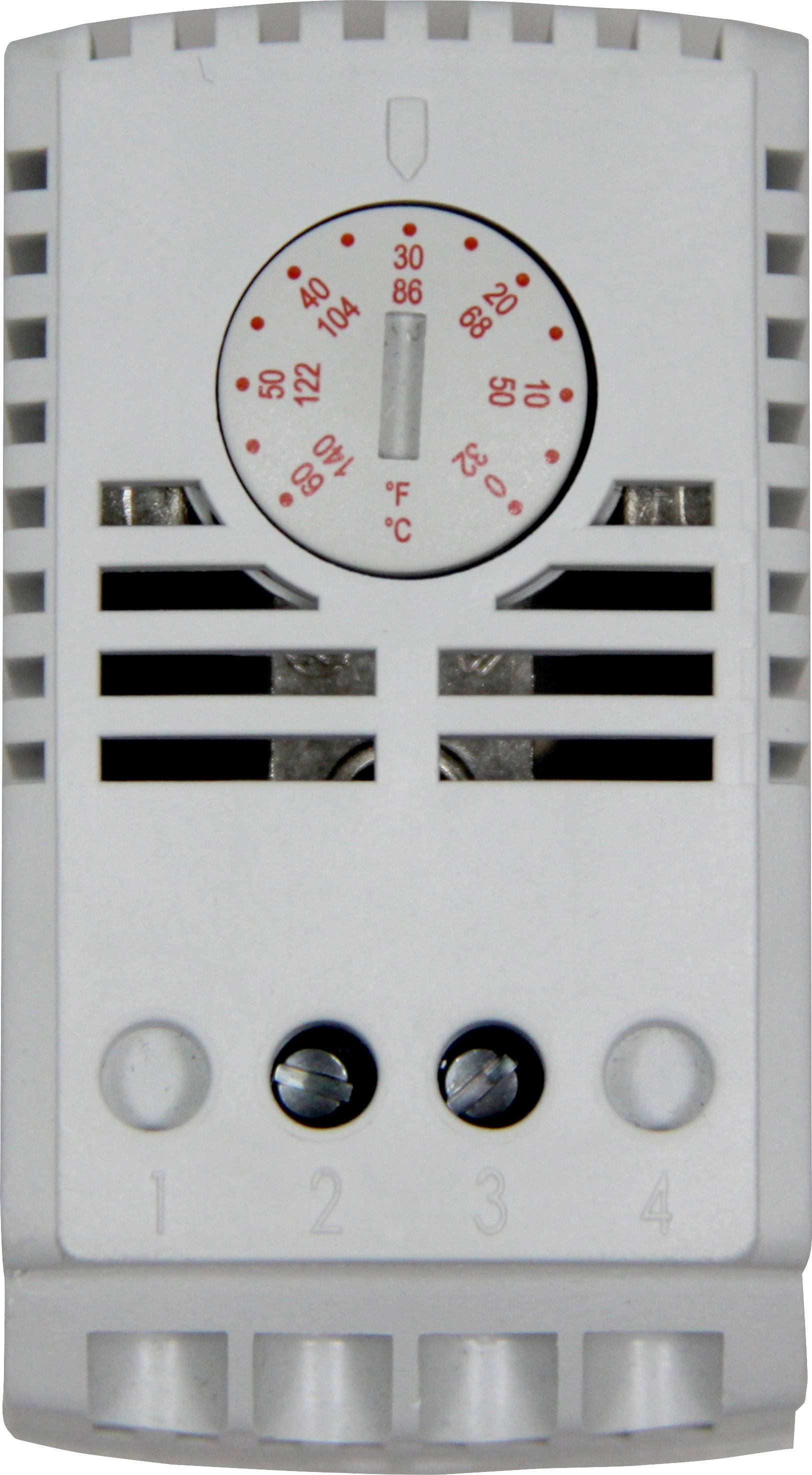 Thermostaat met schaal in Celsius en Fahrenheit, toont verwarmings- en koelopties. Instellingen van 0 tot 60°C.