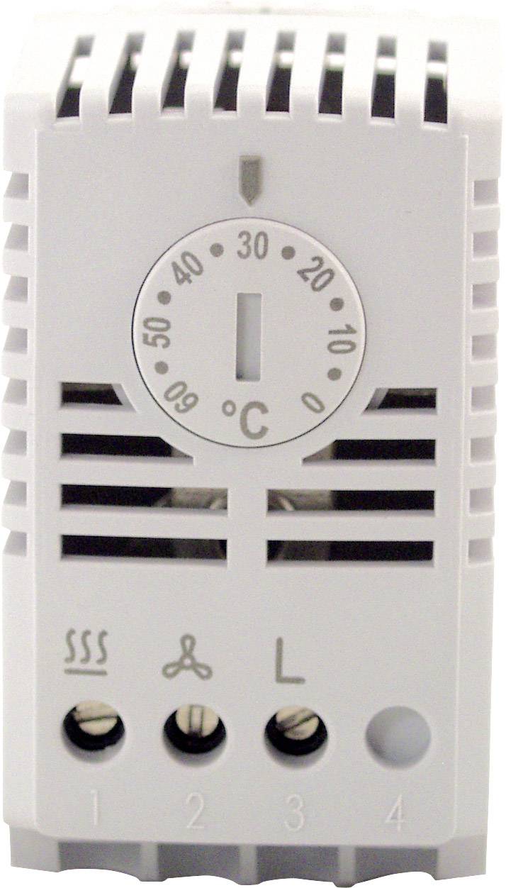 Wit thermostaat met een instelwiel van 0 tot 60 graden Celsius, toont 20 graden aan. Drie controlesymbolen eronder voor verwarming, ventilatie en verlichting.