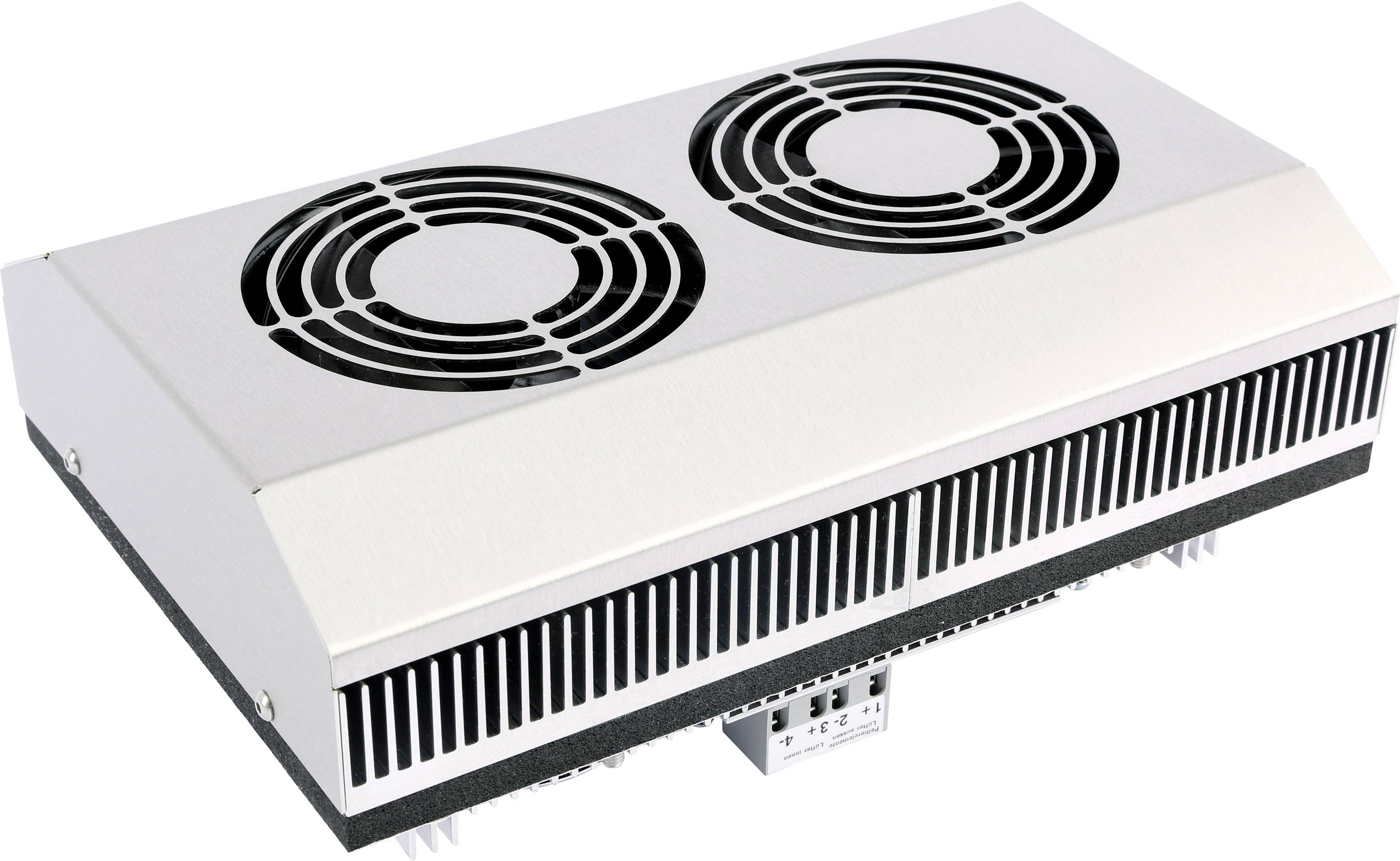 Een rechthoekige metalen ventilator met twee ronde ventilatoren aan de bovenkant, gebruikt voor koeling van elektronische apparaten.