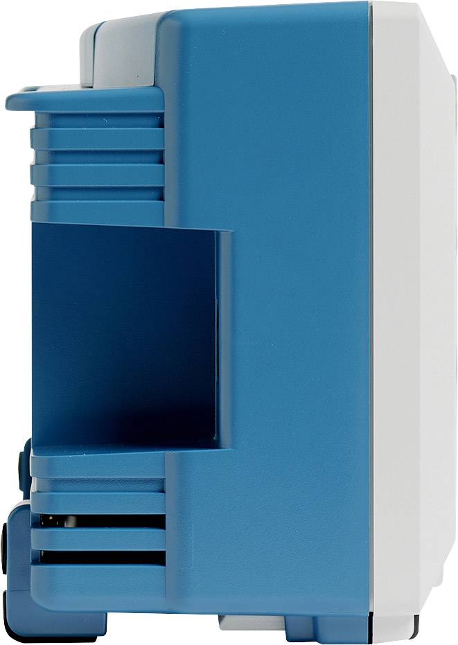 Blauwe elektrische kast gezien van opzij, met ventilatiesleuven en een wit gedeelte aan de rechterkant.