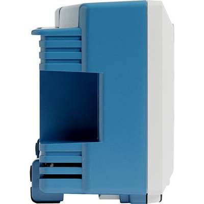 Blauwe elektrische kast gezien van opzij, met ventilatiesleuven en een wit gedeelte aan de rechterkant.