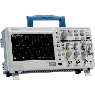 Oscilloscoop toont twee golfvormen op het scherm: een geel rechthoeksignaal en een blauw sinusvormig signaal. Het apparaat is van Tektronix.