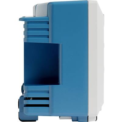 Blauw, rechthoekig apparaat met open zijcompartimenten en een gegroefde oppervlakte, zij-aanzicht tegen een neutrale witte muur.
