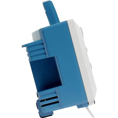 Een blauw-wit elektrisch apparaat met zijdelingse ventilatiesleuven en een handgreep aan de bovenkant, getoond in zijaanzicht.
