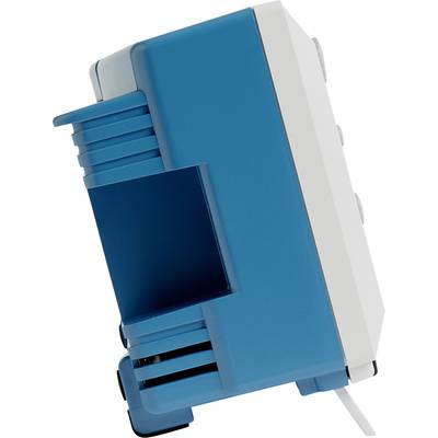 Een blauw, rechthoekig apparaat met witte elementen, vermoedelijk een industrieel besturingsapparaat, weergegeven van opzij.