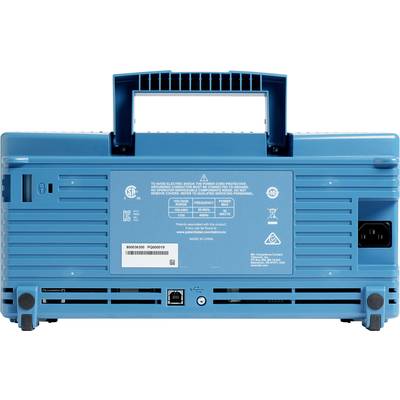 Een blauw draagbaar audioapparaat van achteren, met zichtbare ventilatiesleuven, aansluitingen en een handgreep.