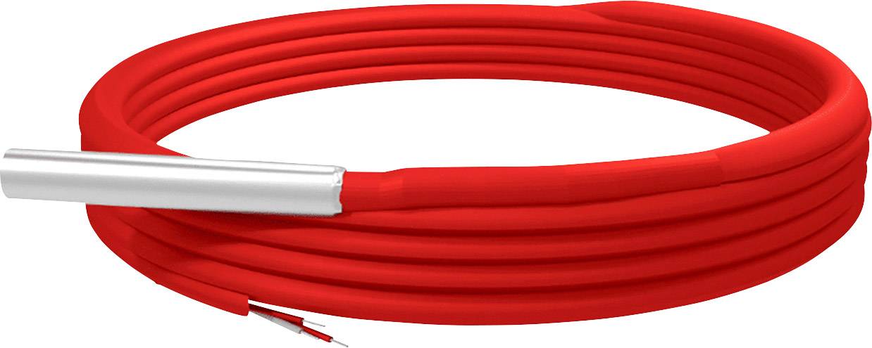 Rood verwarmingskabel met metalen voorziening, opgerold en klaar voor installatie in vloerverwarmingssystemen voor temperatuurregeling.