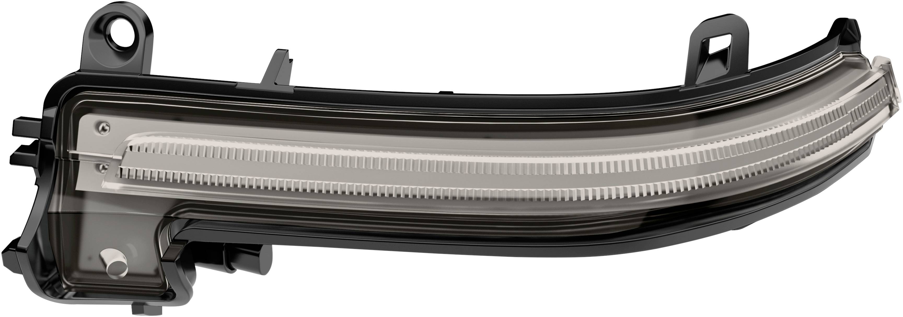 Een gebogen LED-verlichting voor voertuigzijspiegels, weergegeven in close-up. Aanduidingen van het ontwerp en de bevestigingspunten rechts en links.
