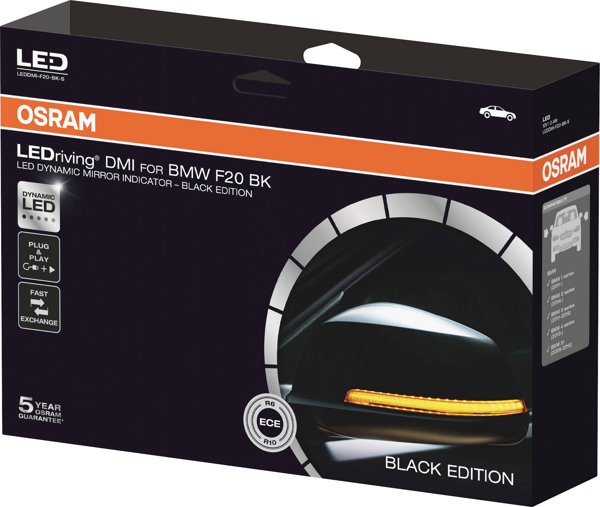 Verpakking van een LED-richtingaanwijzer voor BMW F20 BK, merk OSRAM, toont een spiegelbeeld met een oranje lichtstreep.
