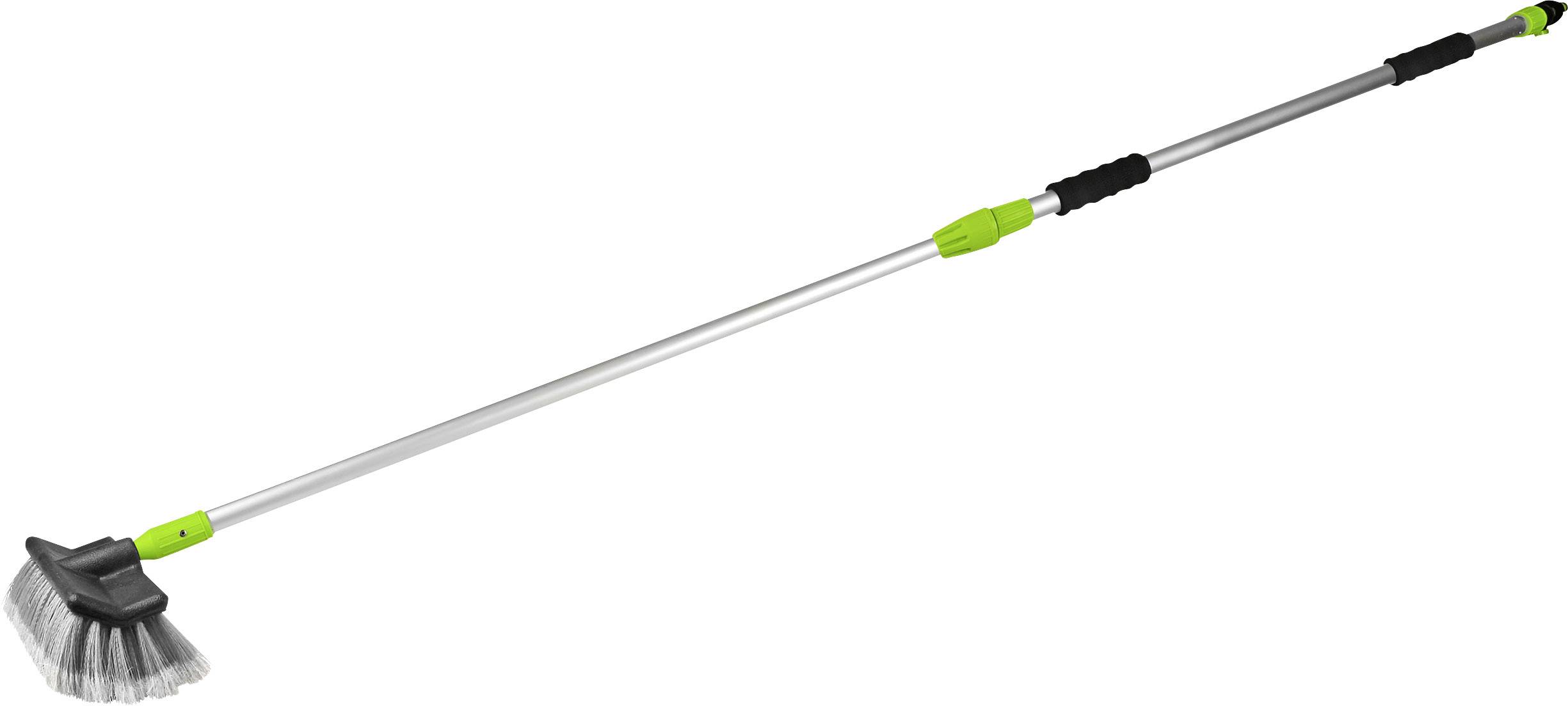 Een telescoop-reinigingsborstel met een lange, uittrekbare steel en groene accenten. De borstenkop is schuin geplaatst voor betere bereikbaarheid.