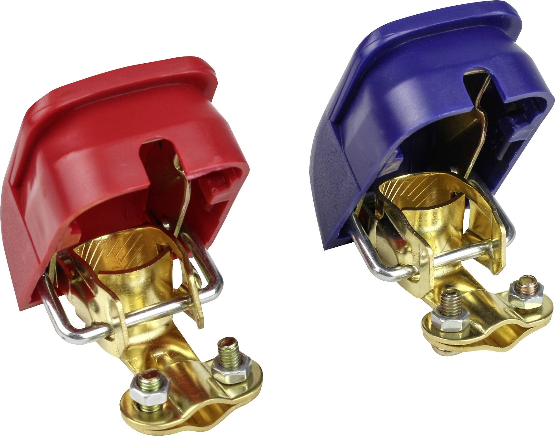 Twee batterijklemmen met kunststof kap, één rood en één blauw, liggen naast elkaar. Ze zijn van metaal en geschikt voor bevestiging.