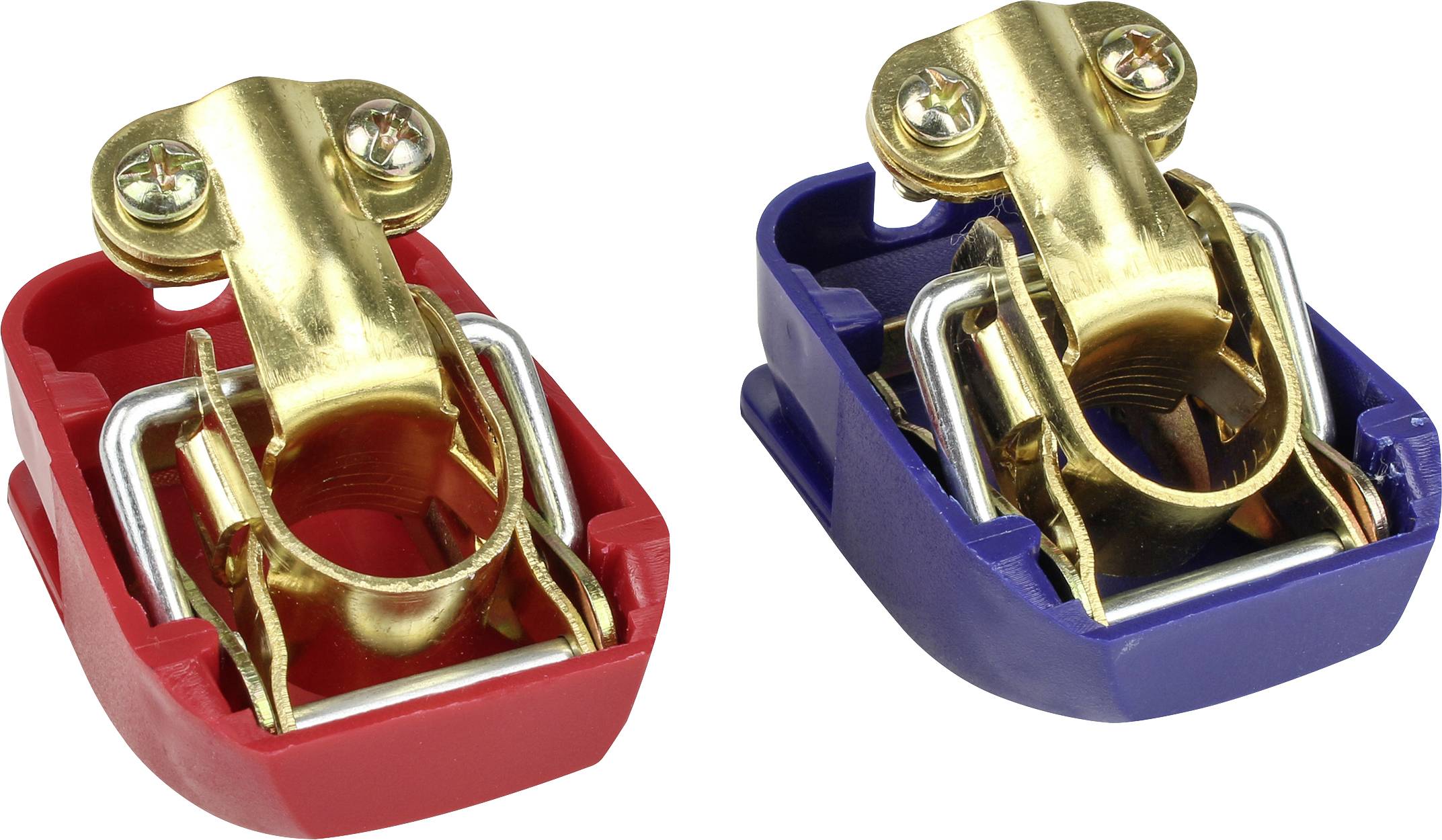 Twee kabelschoenen, één rood, één blauw, beide van metaal met schroefaansluitingen. Ze zijn geschikt voor het verbinden van elektriciteitskabels.