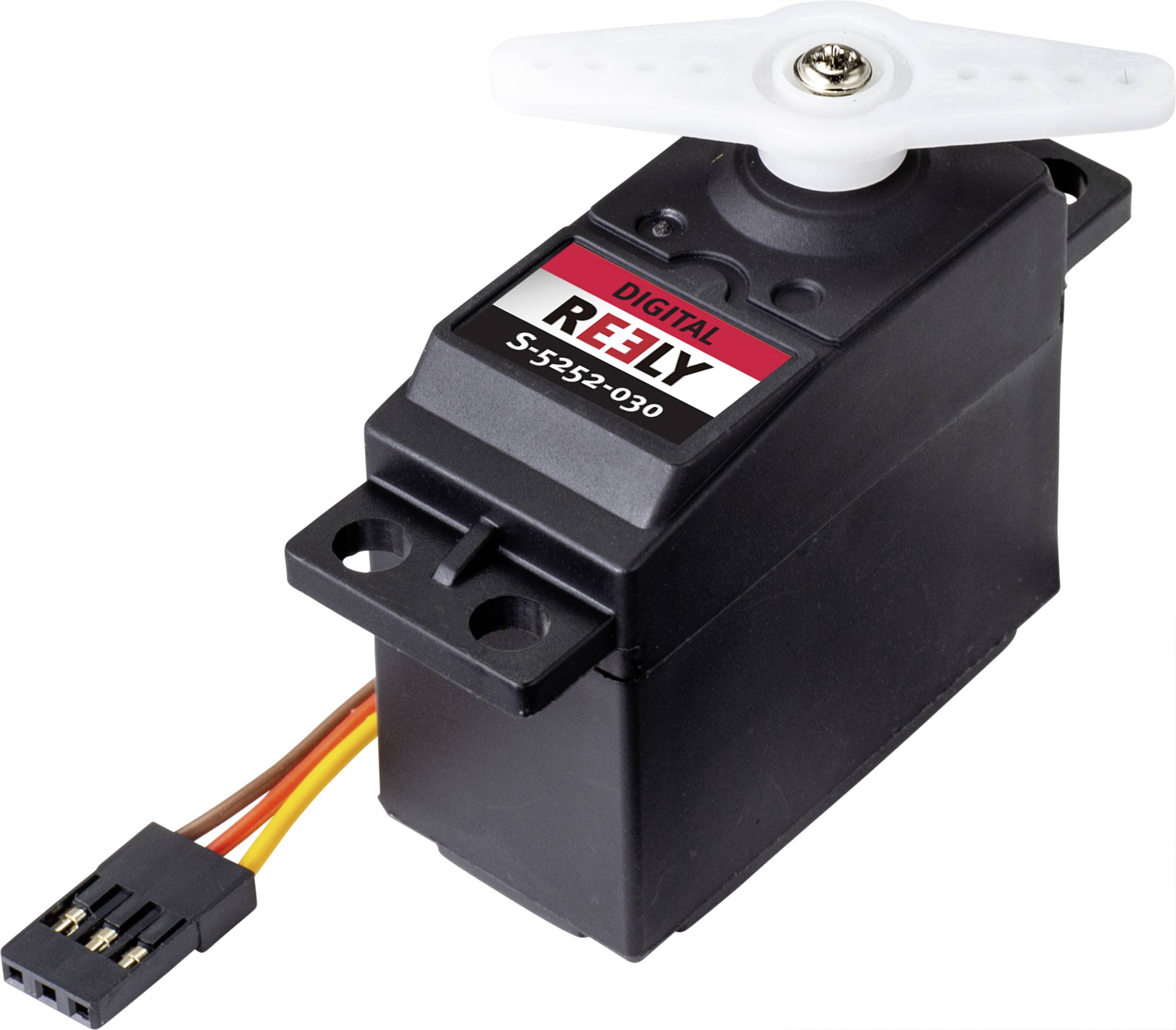 Een zwarte digitale servomotor met een witte hefboom, gemarkeerd met 'Digital REFY S-S232-030'. Verbindingskabels zijn zichtbaar.