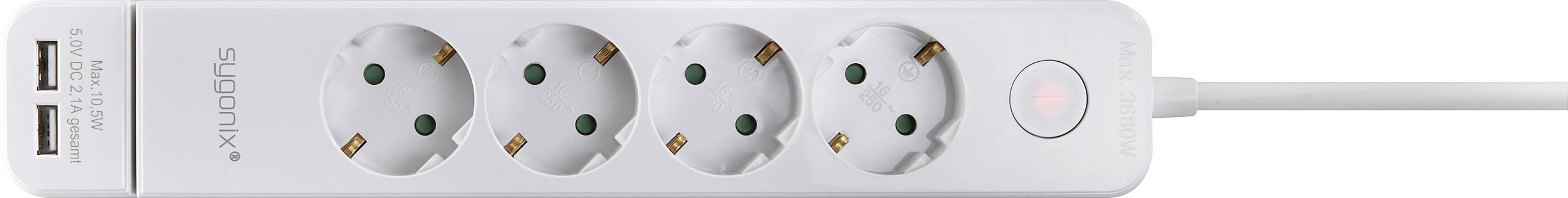 Een witte stekkerdoos met vier Schuko-stopcontacten en twee USB-poorten. Hij heeft een tuimelschakelaar en staat aan.