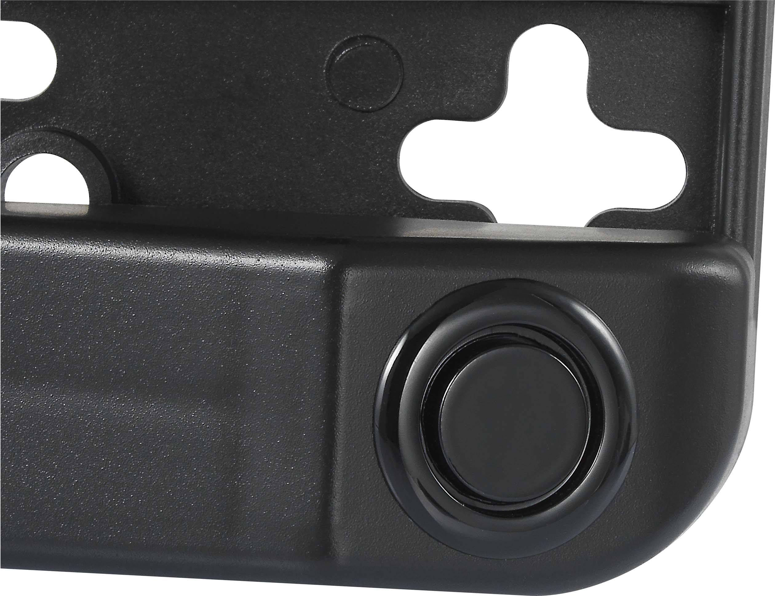 Zwarte kunststof houder met een ronde knop in de rechteronderhoek, gebruikt voor montage- en bevestigingsdoeleinden.