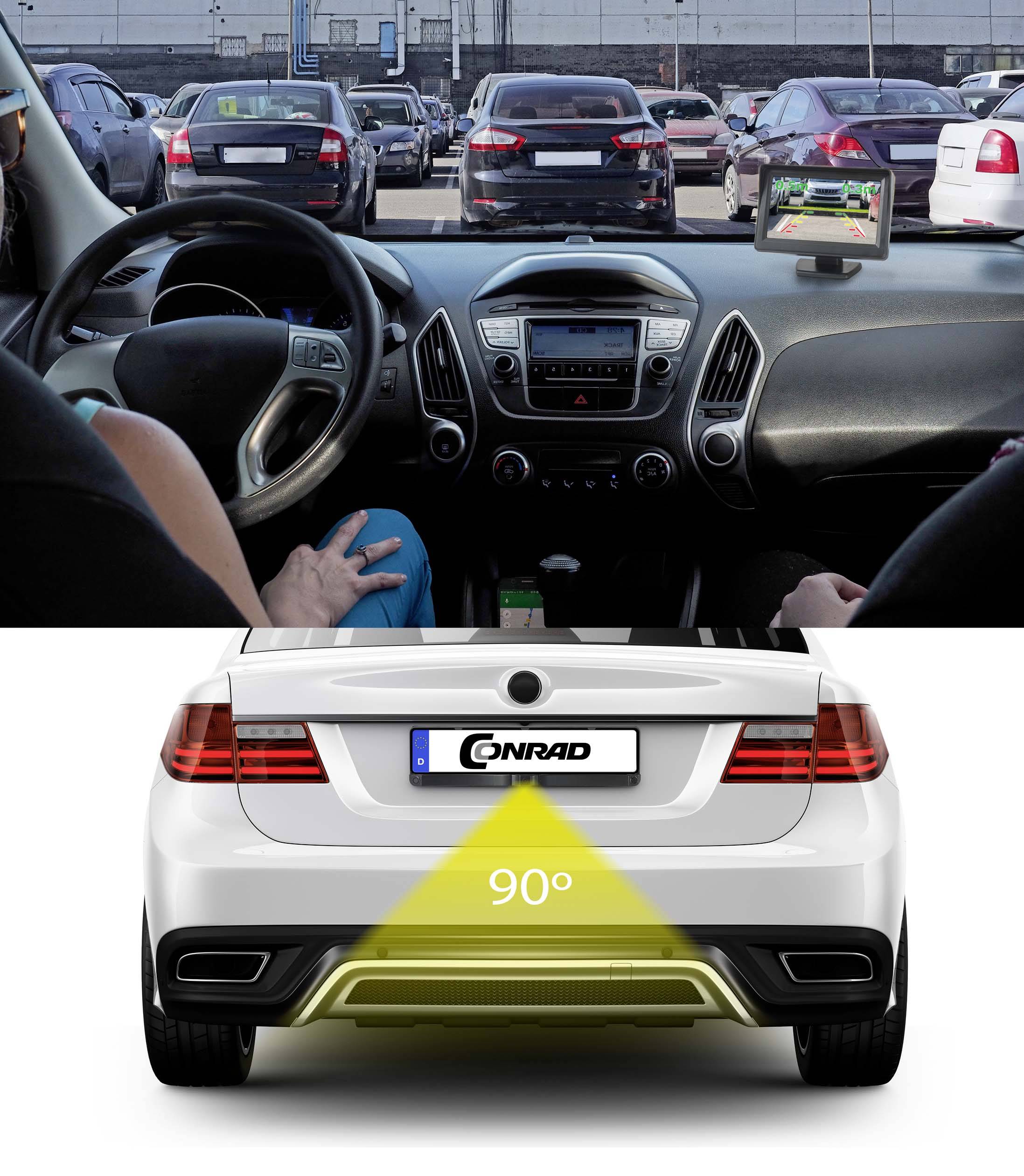 'Achteruitrijcamera' toont de auto-binnenkant tijdens het achteruit rijden bovenaan, en de camerahoek met 90° gezichtsveld onderaan.