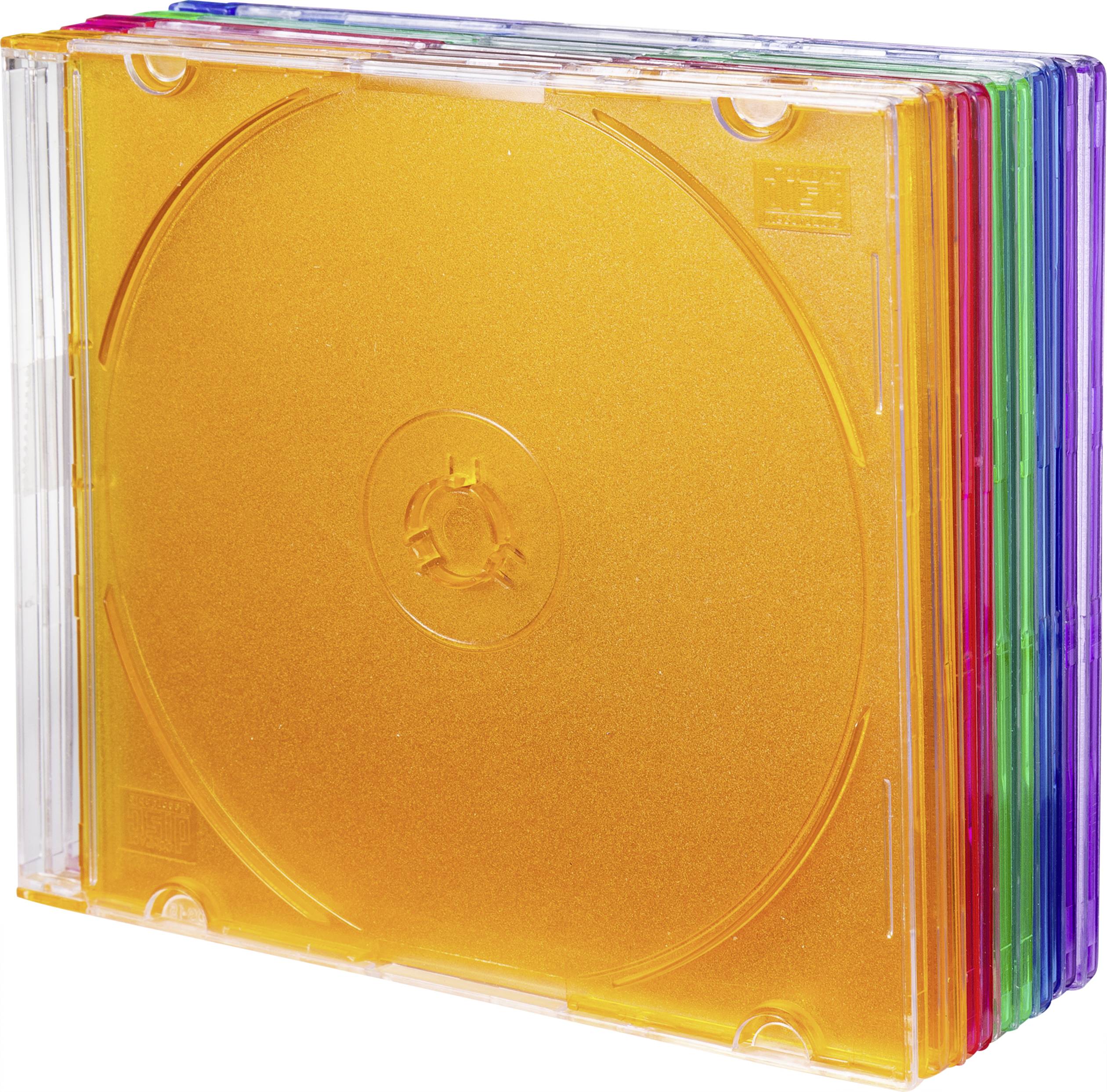 Kleurrijke lege cd-hoesjes zijn gestapeld. Elk hoesje heeft een andere kleur: oranje, paars, blauw, groen, geel en rood.