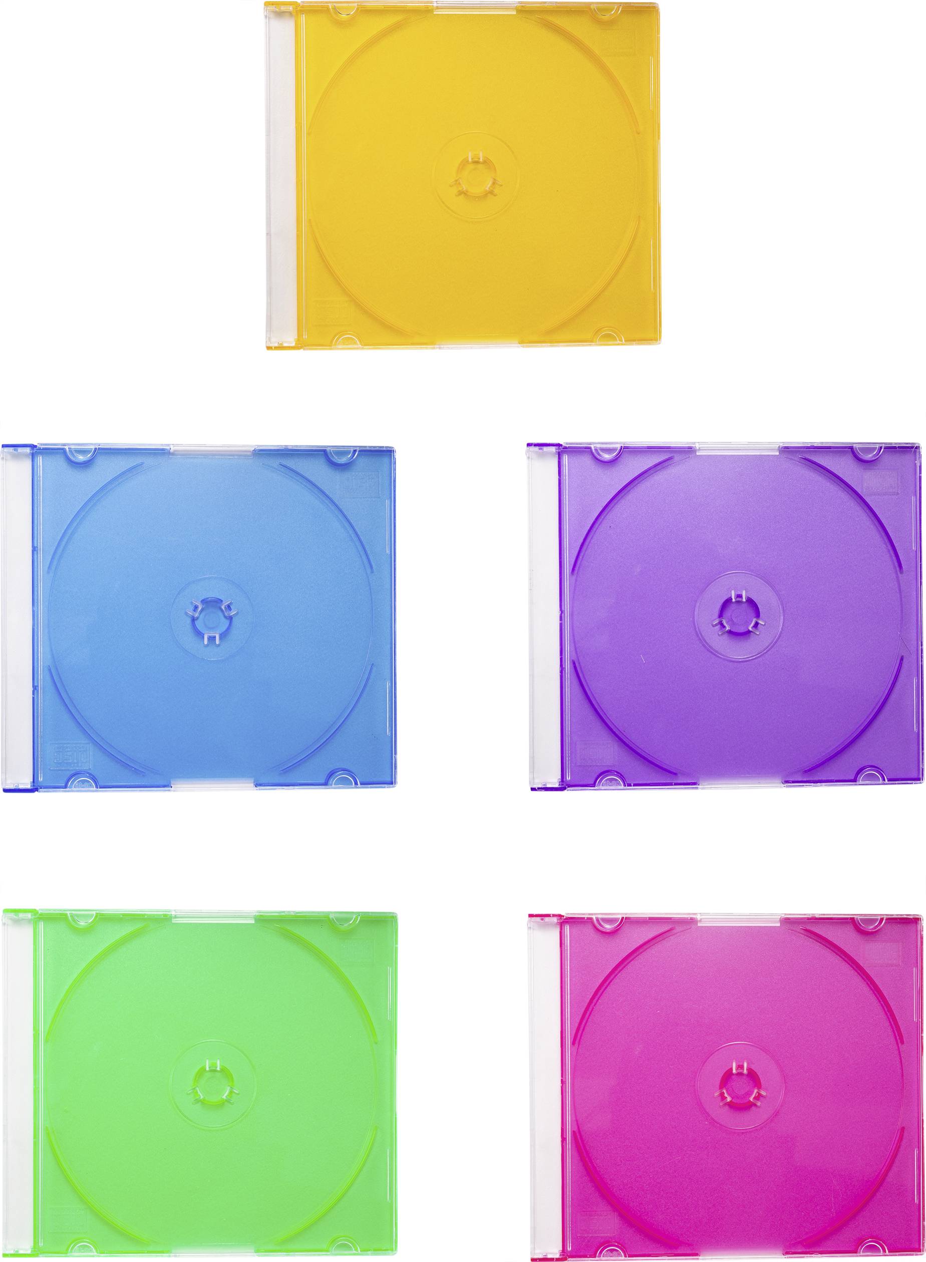Vijf lege cd-hoesjes in verschillende kleuren: geel, blauw, paars, groen en roze, gerangschikt op een witte achtergrond.