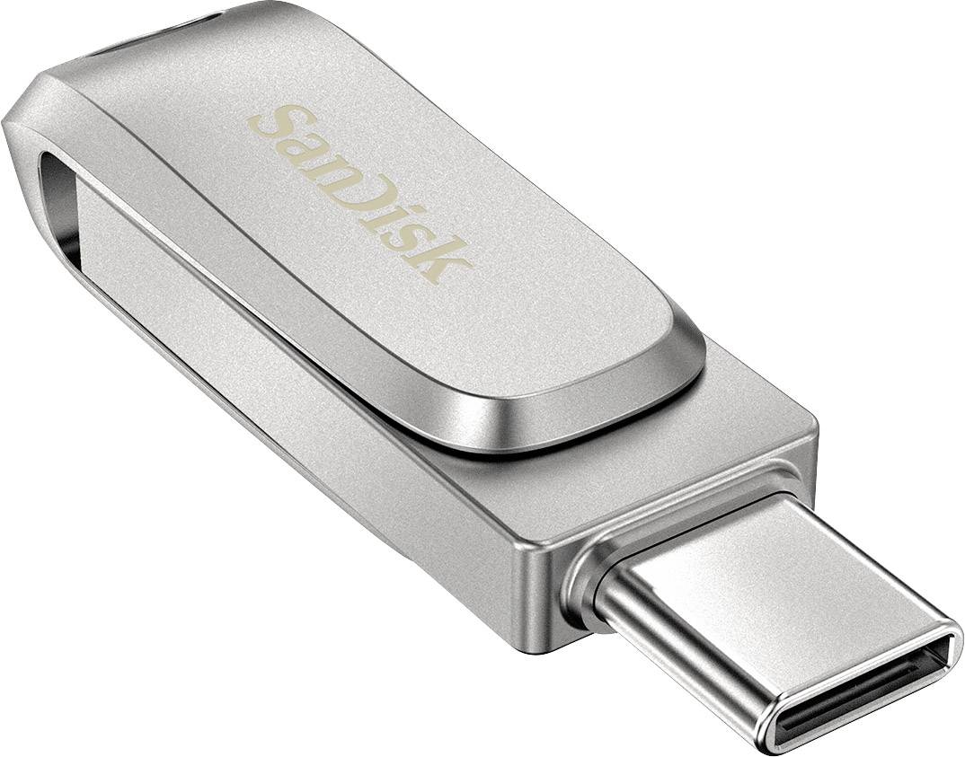 Een zilveren SanDisk USB-stick met USB-C-aansluiting, afgebeeld op een witte achtergrond.
