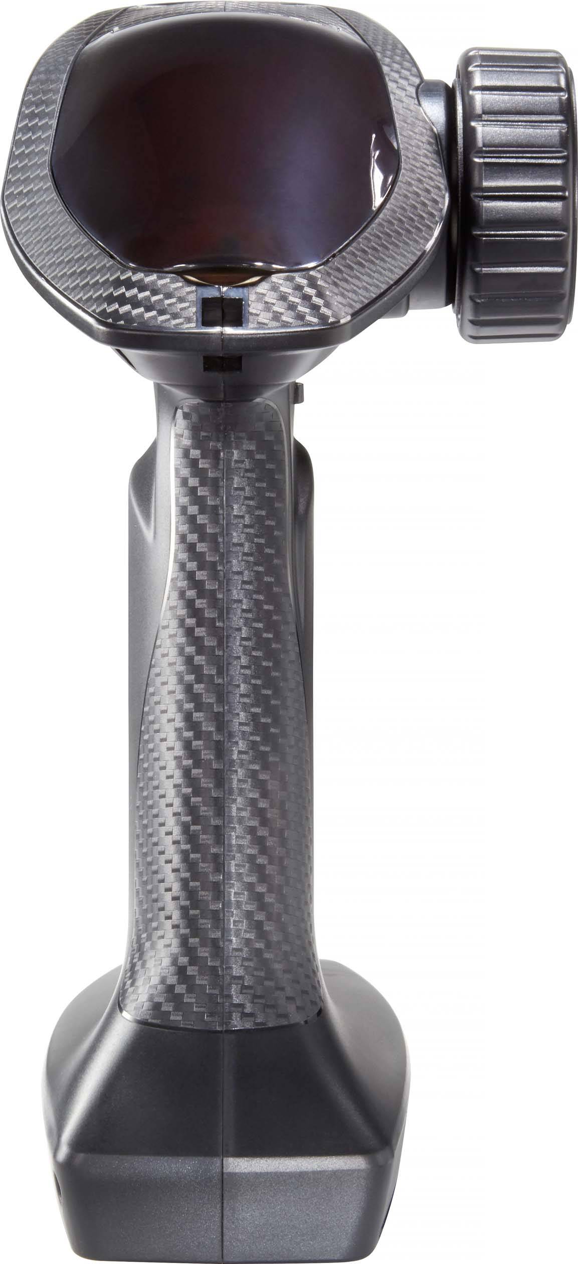 Een zwarte afstandsbediening met een ergonomische, gestructureerde handgreep en een groot draairad aan de zijkant, vooraanzicht.