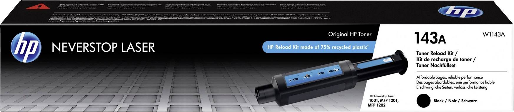 Zwarte verpakking met HP-logo, opschrift 'Neverstop Laser', toont een tonercartridge 143A voor printers; bevat gerecycled plastic.