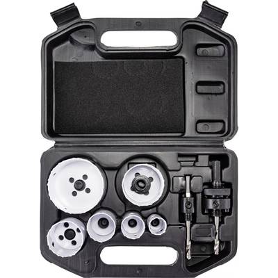 Een boorkronenset in een zwarte etui. Bevat verschillende maten boorkronen voor gebruik met elektrisch gereedschap.