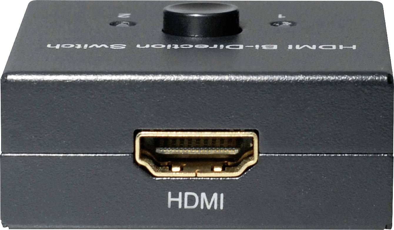 Zwarte HDMI-schakelaar met twee ingangen aan de bovenkant en één HDMI-uitgang aan de voorkant.
