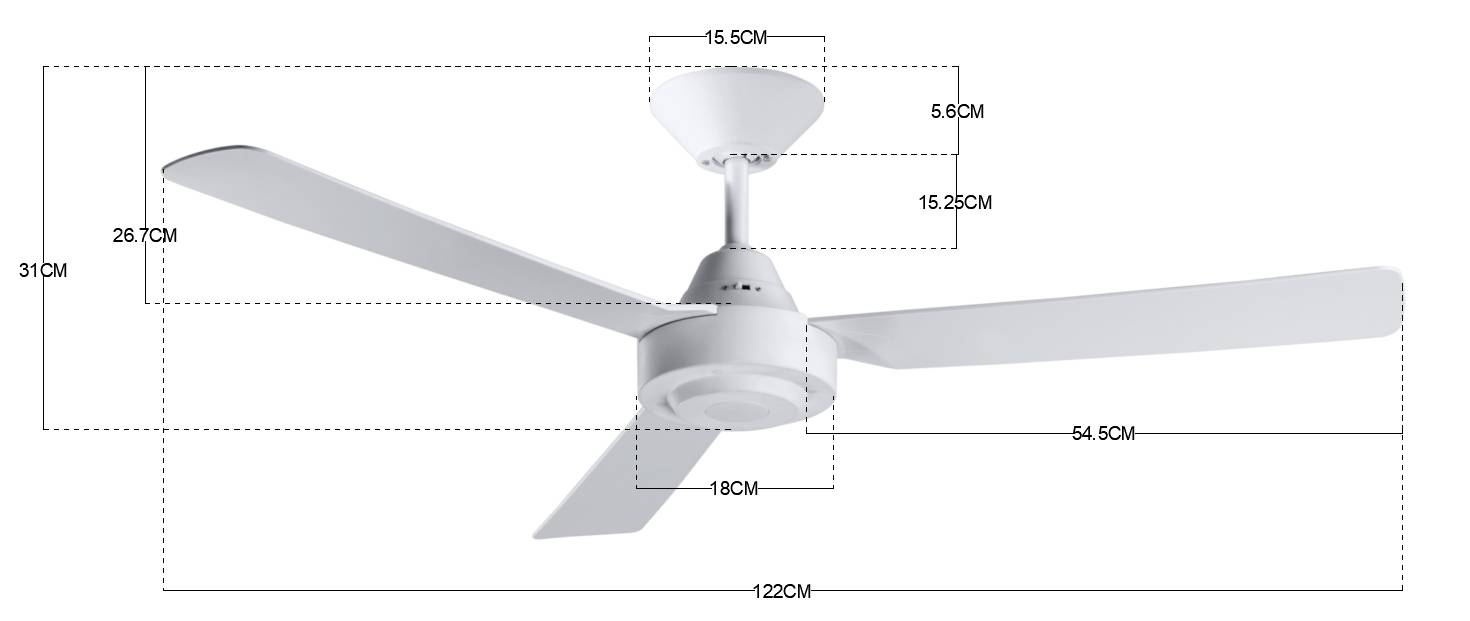 Elektrische plafondventilator met drie witte vleugels. Afmetingen: totale diameter 122 cm, vleugellengte 54,5 cm, hoogte 31 cm.