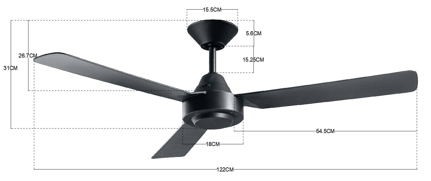 Plafondventilator met drie vleugels. Totale diameter 122 cm, vleugellengte 54,5 cm, motorhoogte 15,2 cm.