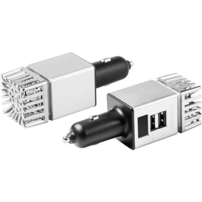 Twee USB-autoladers met rechthoekig ontwerp en ventilatieopeningen, tonen twee USB-poorten en metalen oppervlakken.